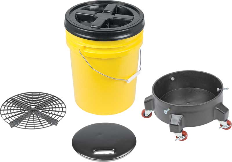 Grit Guard Deluxe Wash System 5 Gallon Yellow Pail With Black Lid - Dolly And Seat Cushion 
