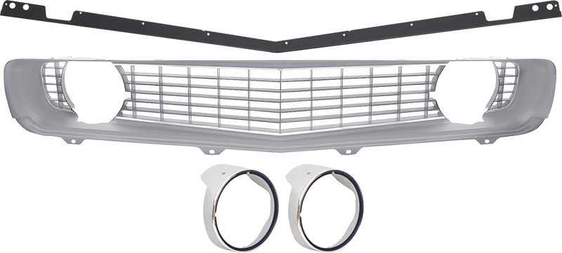 1969 Camaro Restorer's Choice Standard Silver Grill Kit with Headlamp Bezels with Chrome Ring 
