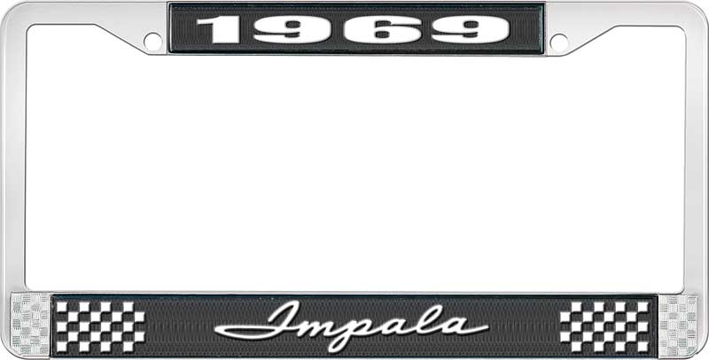 1969 Impala Black And Chrome License Plate Frame With White Lettering 