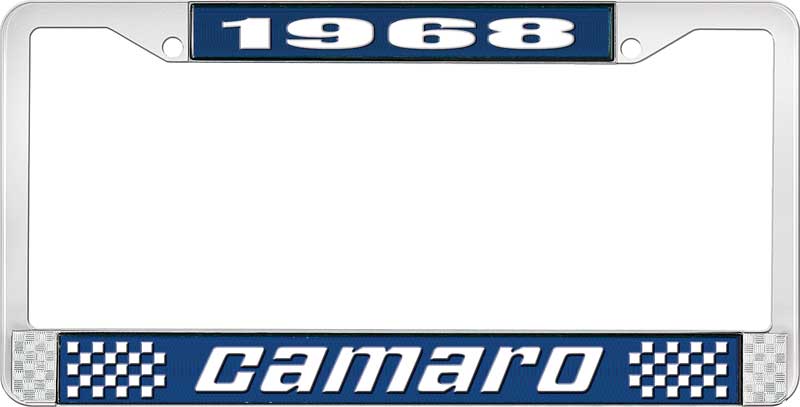 1968 Camaro License Plate Frame Style 2 with Blue Background and Bright White Lettering 