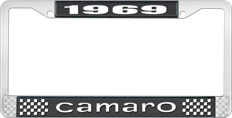 1969 Camaro License Plate Frame Style 1 with Black Background and Bright White Lettering 