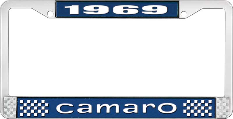 1969 Camaro License Plate Frame Style 1 with Blue Background and Bright White Lettering 
