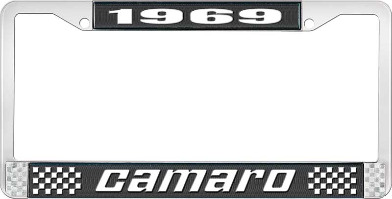 1969 Camaro License Plate Frame Style 2 with Black Background and Bright White Lettering 