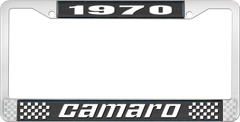 1970 Camaro License Plate Frame Style 2 with Black Background and Bright White Lettering 