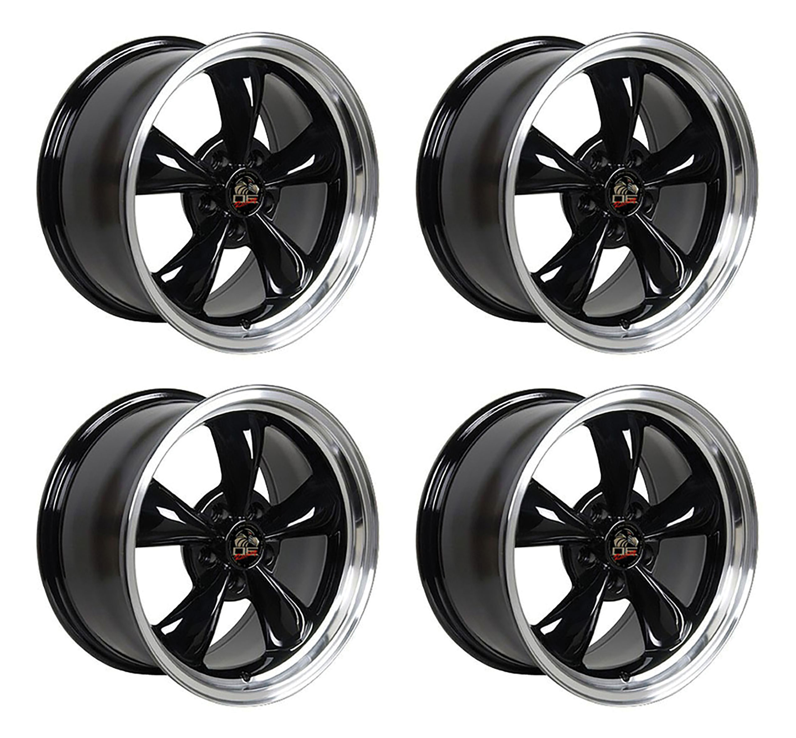 1979-2004 Ford Mustang Wheel Set, 17" Bullitt Style, 5 Lug, Gloss Black Machined Lip, Small Staggered