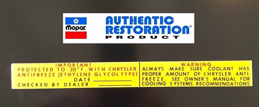 1973 1974 Chrysler Plymouth Dodge Antifreeze Radiatior Core Support Decal USA 
