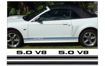 Show details for Mustang Lower Rocker Side Stripes - 5.0 V8 Designation Picture of Mustang Lower Rocker Side Stripes - 5.0 V8 Designation
