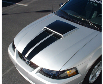 Show details for 1999-04 Mustang GT Dual Hood Stripe Kit with Scoop Blackout Picture of 1999-04 Mustang GT Dual Hood Stripe Kit with Scoop Blackout
