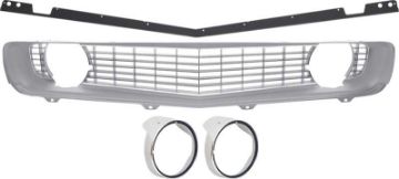 Show details for 1969 Camaro Restorer's Choice Standard Silver Grill Kit with Headlamp Bezels with Chrome Ring  Picture of 1969 Camaro Restorer's Choice Standard Silver Grill Kit with Headlamp Bezels with Chrome Ring