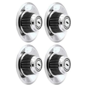 Show details for 4 Piece Tall Chrome Rally Wheel Derby Cap Set With Center Bowtie  Picture of 4 Piece Tall Chrome Rally Wheel Derby Cap Set With Center Bowtie
