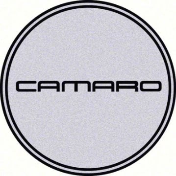 Show details for R15 Wheel Center Cap Emblem 2-15/16" Black Camaro Logo/Silver Background  Picture of R15 Wheel Center Cap Emblem 2-15/16" Black Camaro Logo/Silver Background