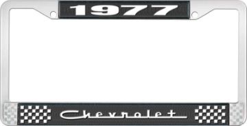Show details for 1977 Chevrolet Black And Chrome License Plate Frame With White Lettering  Picture of 1977 Chevrolet Black And Chrome License Plate Frame With White Lettering