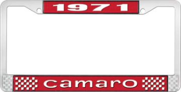 Show details for 1971 Camaro License Plate Frame Style 1 with Red Background and Bright White Lettering  Picture of 1971 Camaro License Plate Frame Style 1 with Red Background and Bright White Lettering