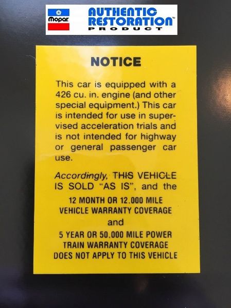 Picture of 1964 1965 and 1968 Plymouth Dodge Super Stock Race Hemi "AS IS" Glove Box Decal 