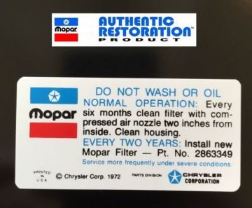 Show details for 1972-1973 340 4bbl Do Not Wash Air Cleaner Decal Except Dual Snorkle Picture of 1972-1973 340 4bbl Do Not Wash Air Cleaner Decal Except Dual Snorkle