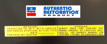 Show details for 1969-1973 Chrysler Dodge Antifreeze Radiator Core Support Decal Picture of 1969-1973 Chrysler Dodge Antifreeze Radiator Core Support Decal