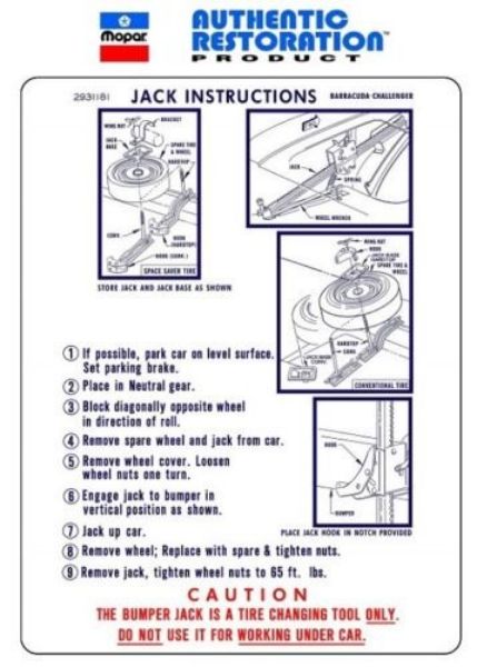 Picture of 1970 Challenger and Barracuda Jack Instructions Decal (except T/A and AAR)