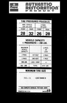 Show details for 1970 1971 Dodge Challenger E60x15 Tire Pressure Decal Picture of 1970 1971 Dodge Challenger E60x15 Tire Pressure Decal