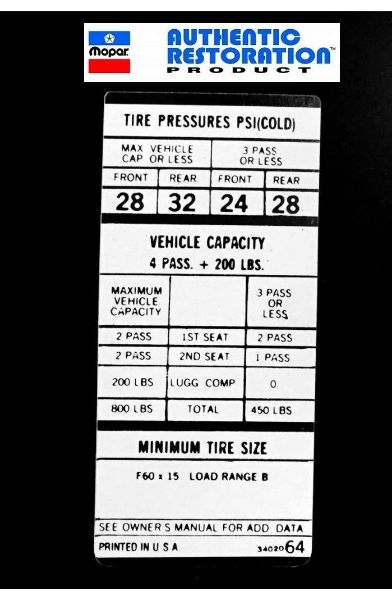 Picture of 1970 Dodge Challenger R/T 426 HEMI F60x15 Tire Pressure Decal