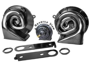 Show details for 1955-1981 for GM Low High Note Delco Remy Stamped Horn Set w/Universal Brackets Picture of 1955-1981 for GM Low High Note Delco Remy Stamped Horn Set w/Universal Brackets