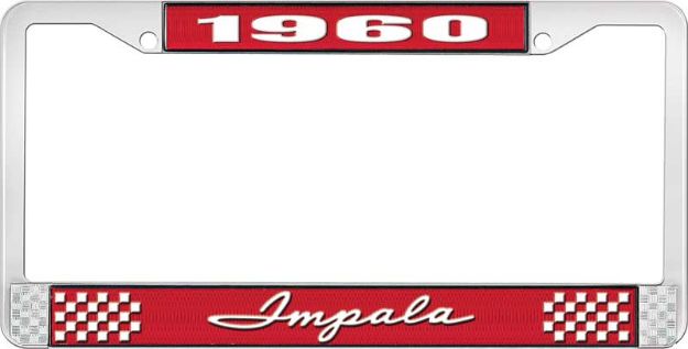 Picture of 1960 Impala Red And Chrome License Plate Frame With White Lettering 