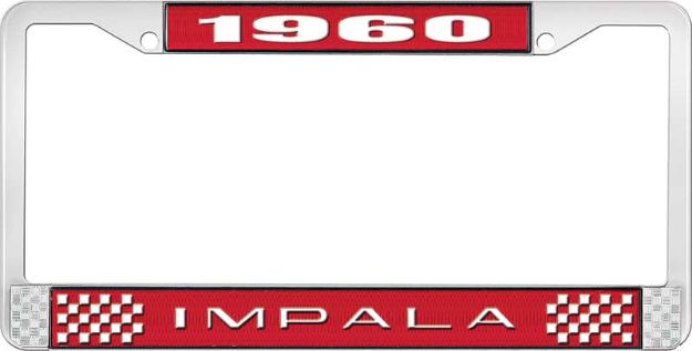 Picture of 1960 Impala Red And Chrome License Plate Frame With White Lettering 