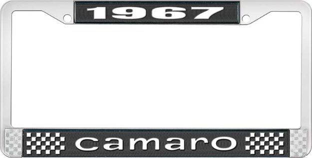 Picture of 1967 Camaro License Plate Frame Style 1 with Black Background and Bright White Lettering 