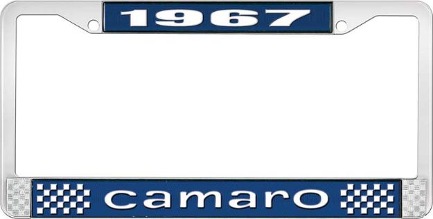 Picture of Camaro License Plate Frame Style 1 with Blue Background and Bright White Lettering 