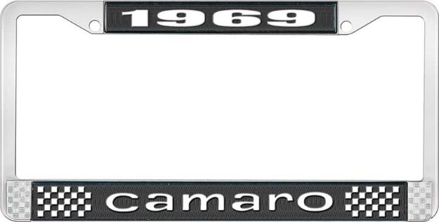 Picture of 1969 Camaro License Plate Frame Style 1 with Black Background and Bright White Lettering 
