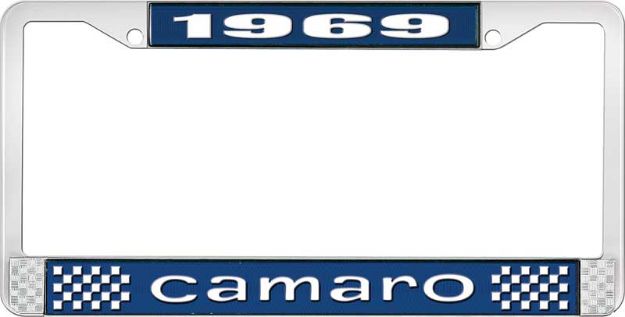 Picture of 1969 Camaro License Plate Frame Style 1 with Blue Background and Bright White Lettering 