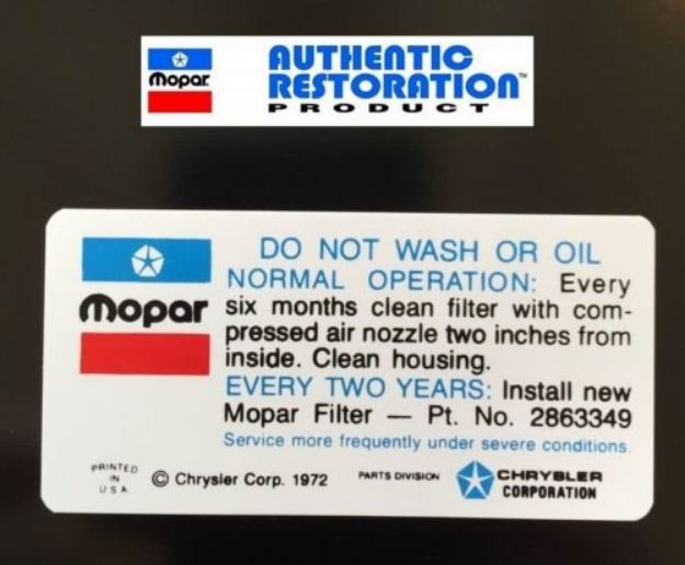 Picture of 1972-1973 340 4bbl Do Not Wash Air Cleaner Decal Except Dual Snorkle