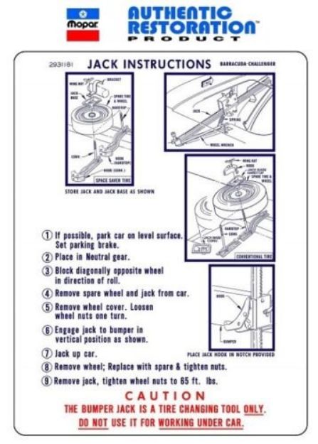 Picture of 1970 Challenger and Barracuda Jack Instructions Decal (except T/A and AAR)