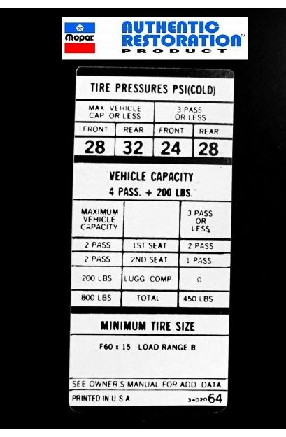 Picture of 1970 Dodge Challenger R/T 426 HEMI F60x15 Tire Pressure Decal
