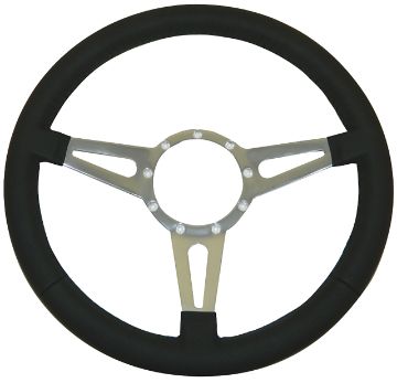 Show details for 1965-1973 Ford Mustang Classic Tear Drop 9-Bolt Wheel W/Black Leather Rim - 14" Diameter Picture of 1965-1973 Ford Mustang Classic Tear Drop 9-Bolt Wheel W/Black Leather Rim - 14" Diameter