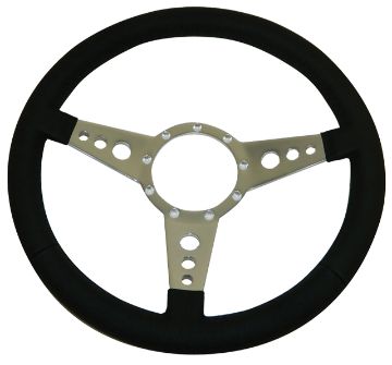 Show details for 1965-1973 Ford Mustang Classic 3 Hole 9 Bolt Wheel W/Black Leather Rim - 14" Diameter Picture of 1965-1973 Ford Mustang Classic 3 Hole 9 Bolt Wheel W/Black Leather Rim - 14" Diameter