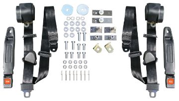 Show details for 1965-1968 Ford Mustang 3 Point Seat Belt Conversion Kit W/Chrome Push Button Buckle - Black Picture of 1965-1968 Ford Mustang 3 Point Seat Belt Conversion Kit W/Chrome Push Button Buckle - Black