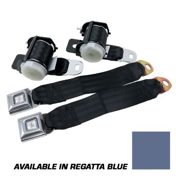 Show details for 1979-1989 Ford Mustang Rear Lap Belts - Retractable. Starburst Push Button - Regatta Blu Picture of 1979-1989 Ford Mustang Rear Lap Belts - Retractable. Starburst Push Button - Regatta Blu