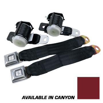 Show details for 1979-1989 Ford Mustang Rear Lap Belts - Retractable. Starburst Push Button - Canyon Picture of 1979-1989 Ford Mustang Rear Lap Belts - Retractable. Starburst Push Button - Canyon