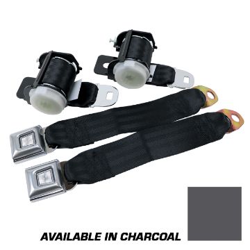 Show details for 1979-1989 Ford Mustang Rear Lap Belts - Retractable. Starburst Push Button - Charcoal Picture of 1979-1989 Ford Mustang Rear Lap Belts - Retractable. Starburst Push Button - Charcoal