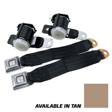 Show details for 1979-1989 Ford Mustang Rear Lap Belts - Retractable. Starburst Push Button - Tan Picture of 1979-1989 Ford Mustang Rear Lap Belts - Retractable. Starburst Push Button - Tan