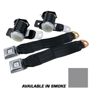 Show details for 1979-1989 Ford Mustang Rear Lap Belts - Retractable. Starburst Push Button - Smoke Picture of 1979-1989 Ford Mustang Rear Lap Belts - Retractable. Starburst Push Button - Smoke