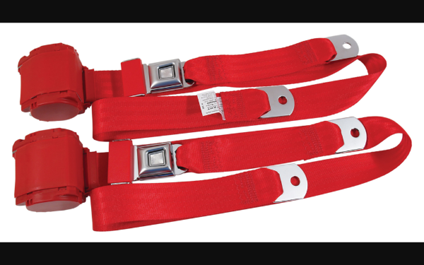 Picture of 1964-1973 Ford Mustang Seat Belts. Rear Chrome Push Button - Flame Red