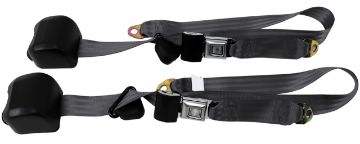 Show details for 1979-1989 Ford Mustang Front Fox Body Seat Belts. Starburst Push Button - Smoke Picture of 1979-1989 Ford Mustang Front Fox Body Seat Belts. Starburst Push Button - Smoke