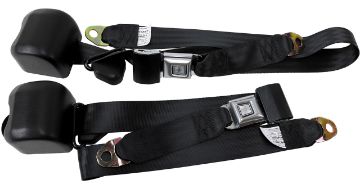 Show details for 1979-1989 Ford Mustang Front Fox Body Seat Belts. Starburst Push Button - Black Picture of 1979-1989 Ford Mustang Front Fox Body Seat Belts. Starburst Push Button - Black