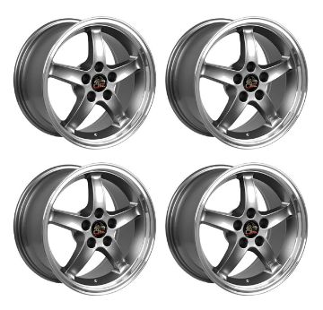 Show details for 1979-2004 Ford Mustang Wheel Set, 17" 1995 Cobra R Style, 5 Lug, Gunmetal Machined Lip 9" Picture of 1979-2004 Ford Mustang Wheel Set, 17" 1995 Cobra R Style, 5 Lug, Gunmetal Machined Lip 9"