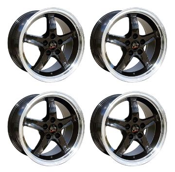 Show details for 1979-2004 Ford Mustang Wheel Set, 17" 1995 Cobra R Style, 5 Lug, Gloss Black Machine Lip 9" Picture of 1979-2004 Ford Mustang Wheel Set, 17" 1995 Cobra R Style, 5 Lug, Gloss Black Machine Lip 9"