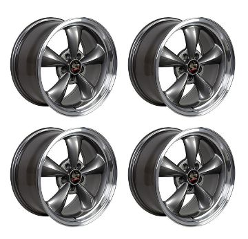 Show details for 1979-2004 Ford Mustang Wheel Set, 17" Bullitt Style, 5 Lug, Anthracite Machined Lip, Small Staggered Picture of 1979-2004 Ford Mustang Wheel Set, 17" Bullitt Style, 5 Lug, Anthracite Machined Lip, Small Staggered
