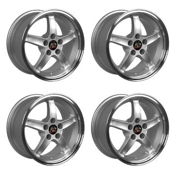 Show details for 1979-2004 Ford Mustang Wheel Set, 17" 1995 Cobra R Style, 5 Lug, Silver Machined Lip, 9" Picture of 1979-2004 Ford Mustang Wheel Set, 17" 1995 Cobra R Style, 5 Lug, Silver Machined Lip, 9"