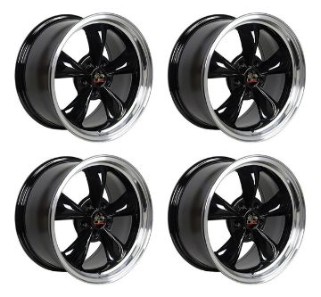 Show details for 1979-2004 Ford Mustang Wheel Set, 17" Bullitt Style, 5 Lug, Gloss Black Machined Lip, Small Staggered Picture of 1979-2004 Ford Mustang Wheel Set, 17" Bullitt Style, 5 Lug, Gloss Black Machined Lip, Small Staggered
