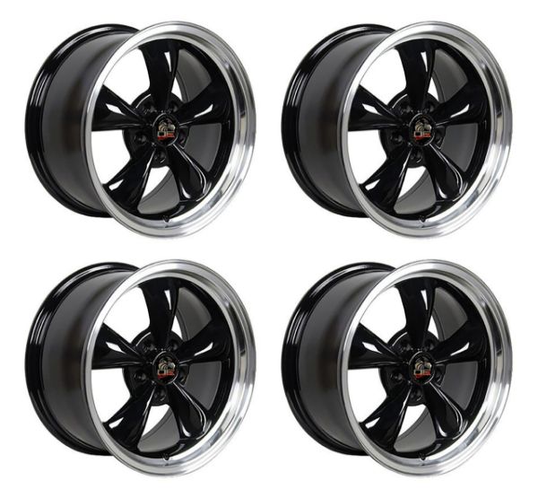 Picture of 1979-2004 Ford Mustang Wheel Set, 17" Bullitt Style, 5 Lug, Gloss Black Machined Lip, Small Staggered